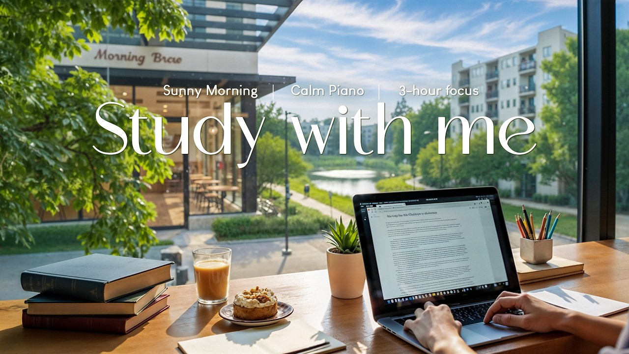 3-HOUR STUDY WITH ME 📖 Sunny Morning Focus ☀️ Calm Piano & Nature Sounds 🍃 Pomodoro 60/10