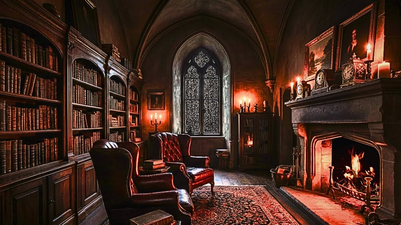Cozy Library Ambience with Heavy Thunderstorm & Fireplace ⛈️ Safe from the Storm for Sleep & Study