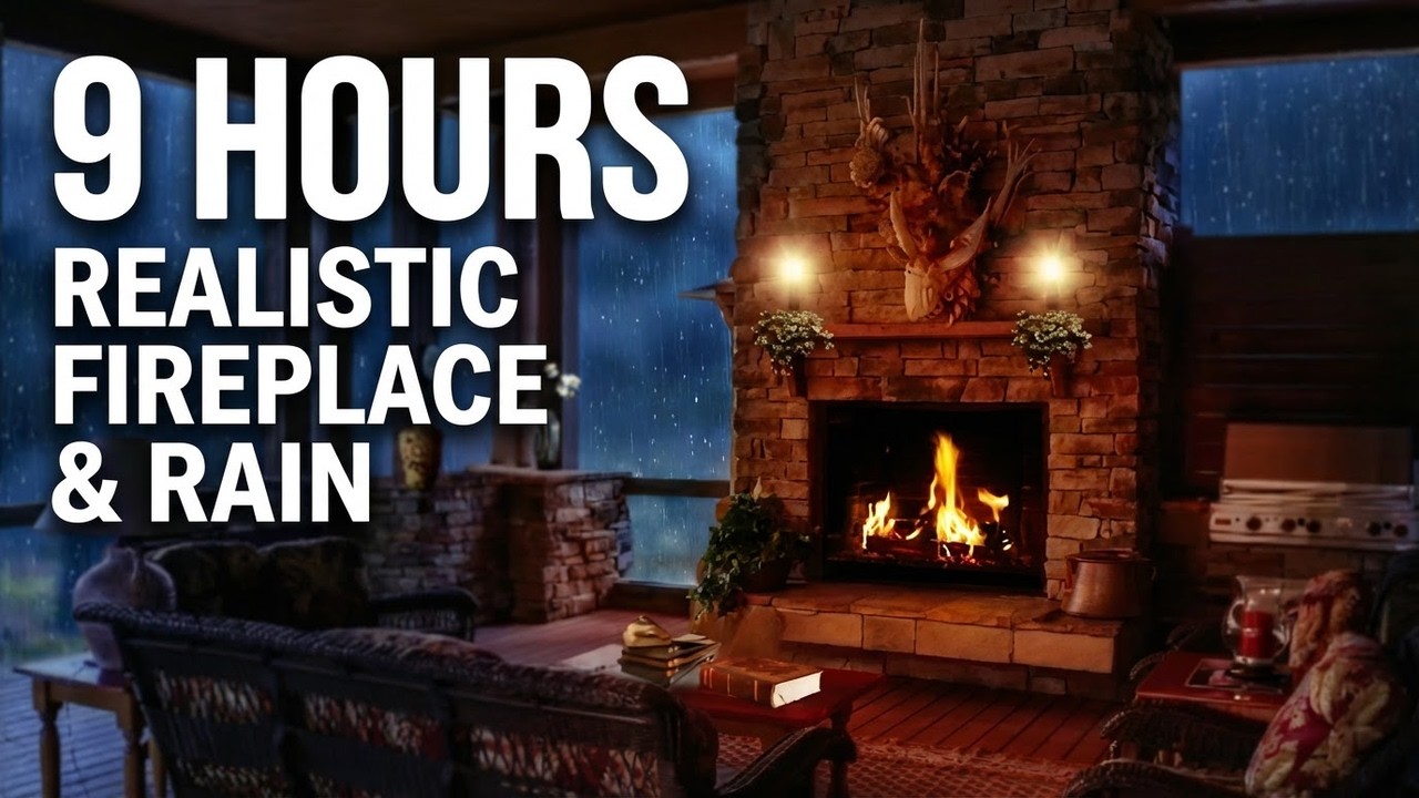 Real Fireplace Sounds with Rain 🔥 Crackling Fire for Sleep | No Music | 9 Hours