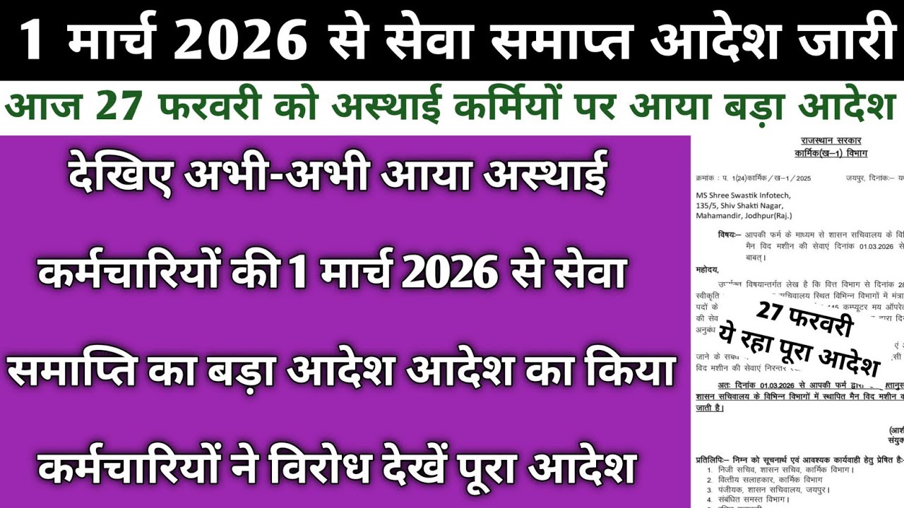 1 मार्च 2026 से अस्थाई कर्मचारियों की सेवा समाप्ति का बड़ा आदेश | Asthai Karmi New Aadesh