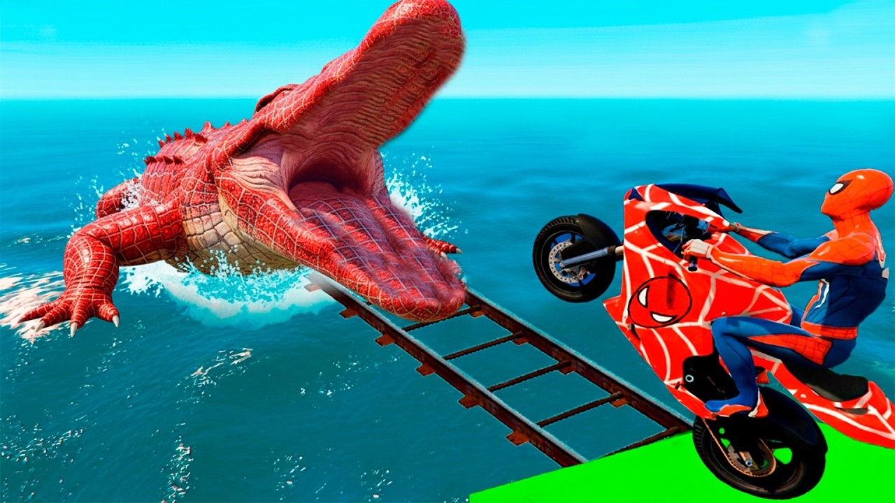 SPIDER-MAN Rides a Motorcycle on the Spiders MCQUEEN BIG Bridge in GTA 5! (Spider Shark ATTACKS)