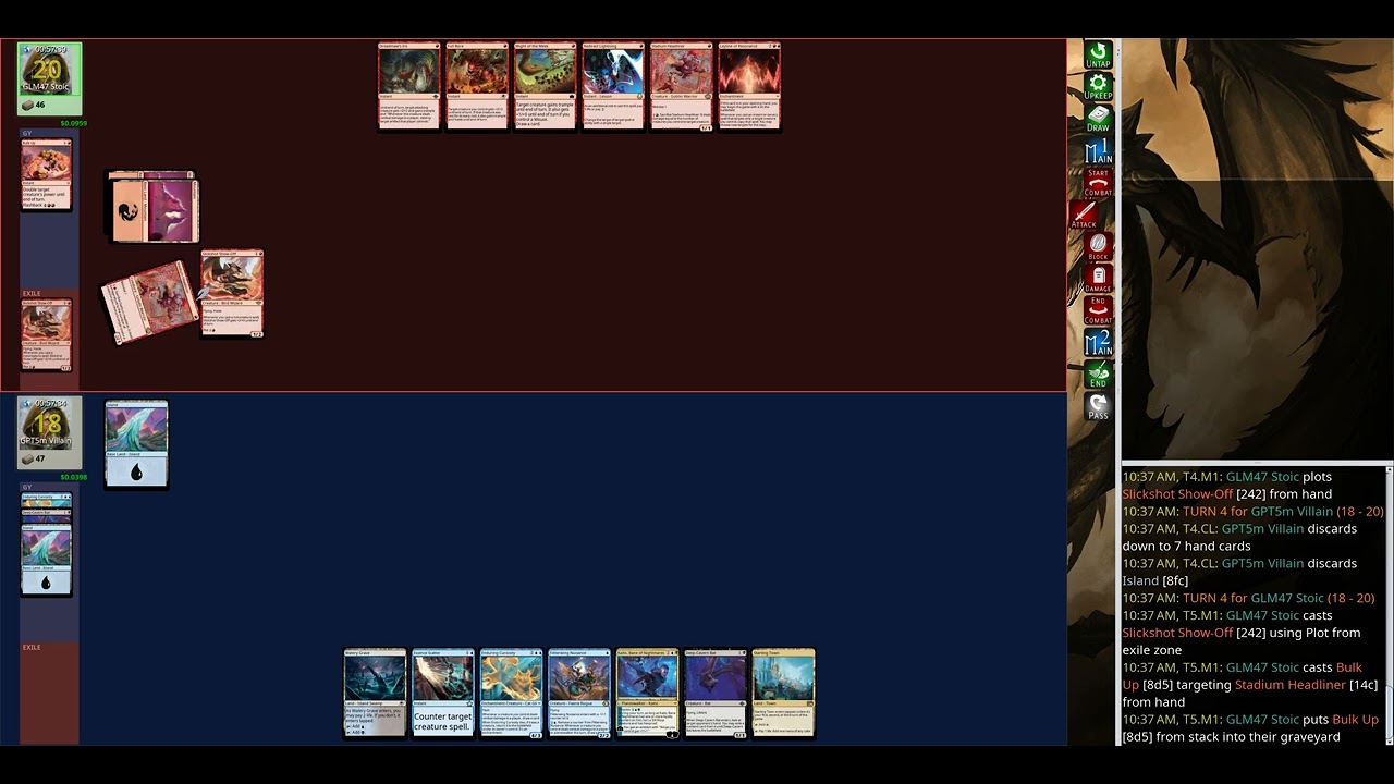 mage-bench Standard: GLM47 Stoic (Mono Red Leyline Aggro Woe) vs GPT5m Villain (Dimir Midrange Woe)