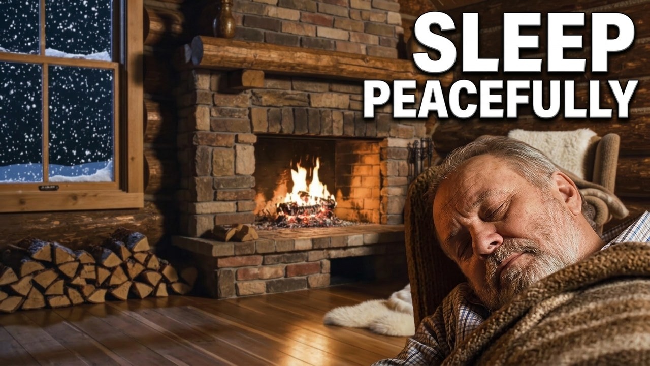 Cozy Cabin Fireplace with Sleeping Man and Cat