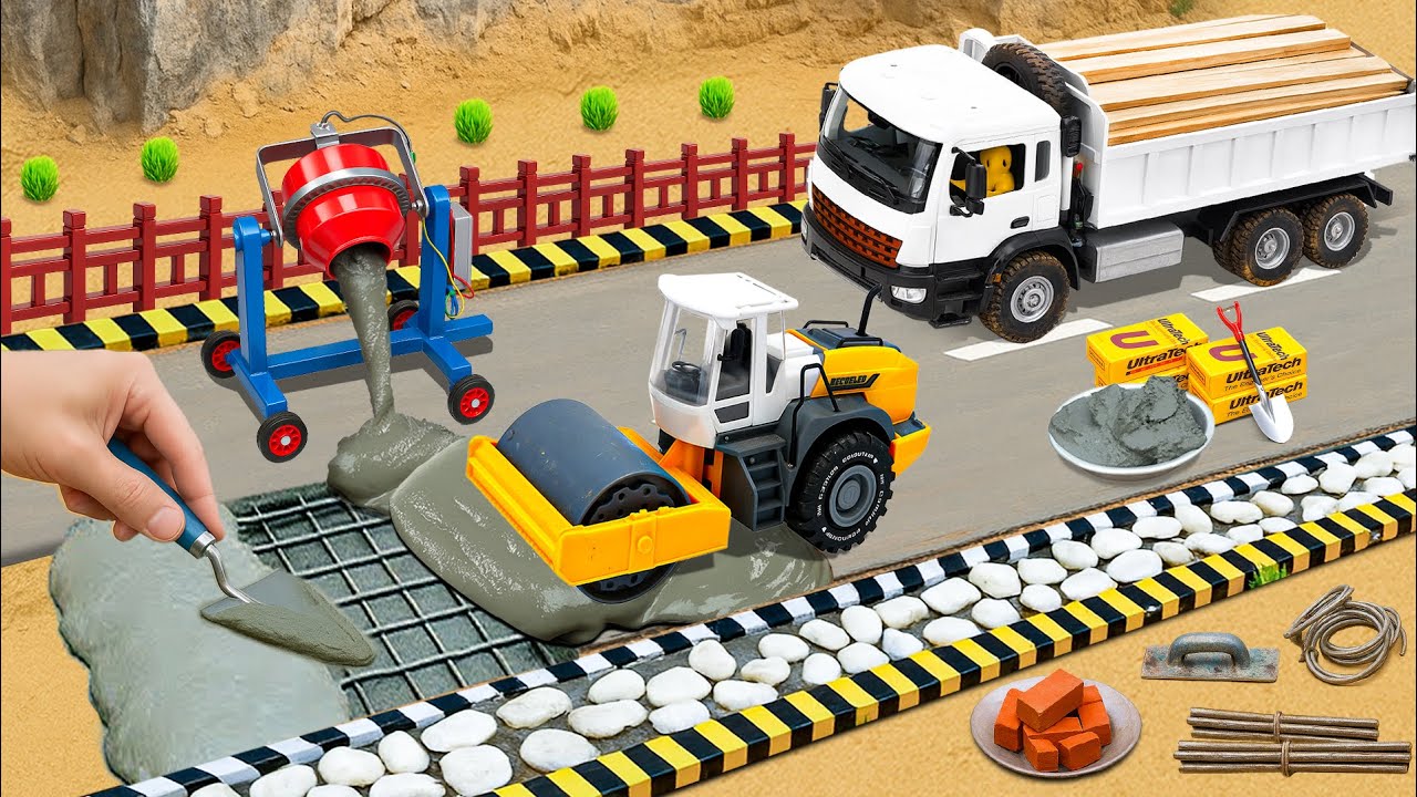 DIY Mini Truck and Road Roller Build a Concrete and Brick Road After a Dinosaur Destroyed It