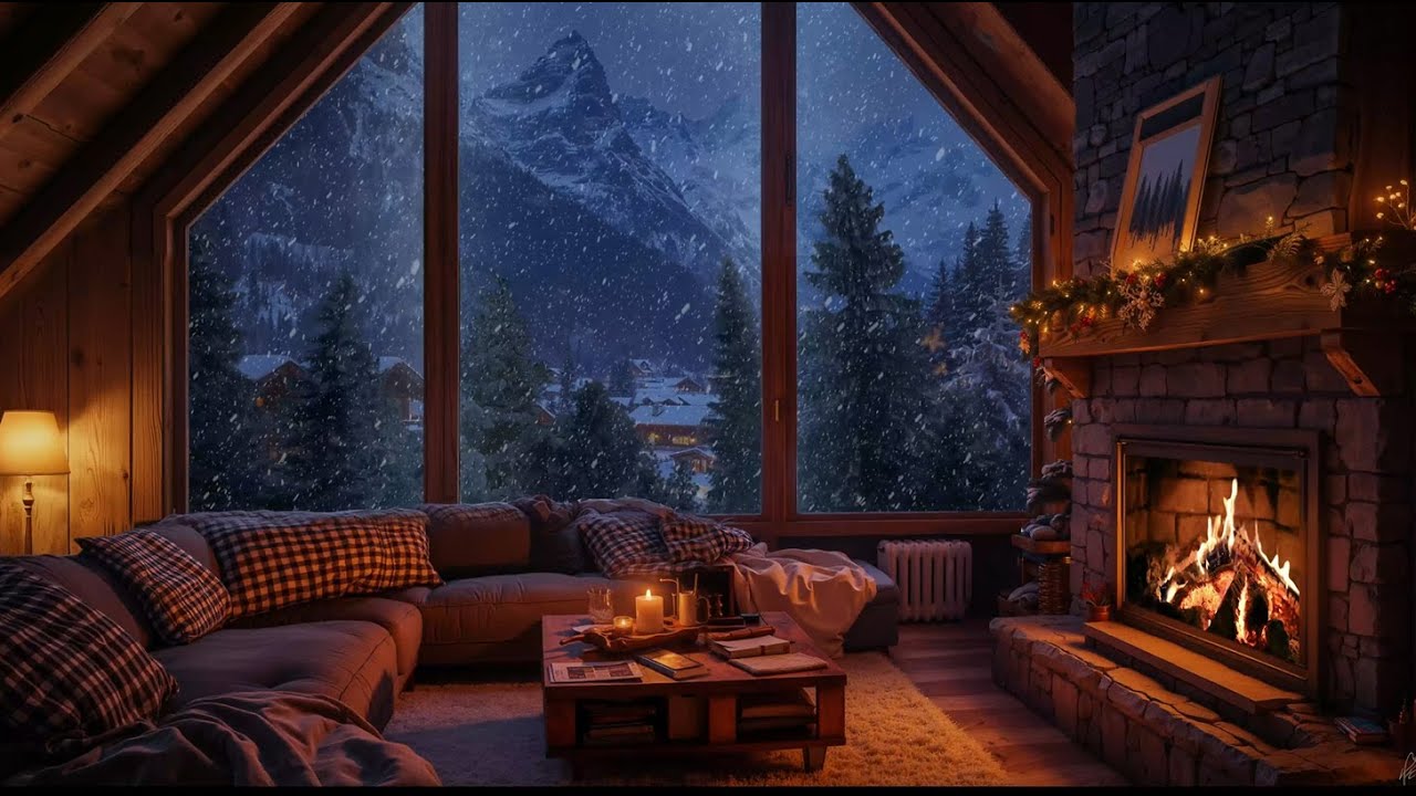 Winter Night Retreat Cabin (No Ads) | Crackling Fire & Snowy Winds for Deep Rest