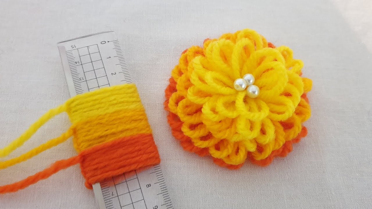 Amazing Hand Embroidery Flowers Design Trick - Easy Woolen Flower Craft Ideas - DIY Woolen Flower