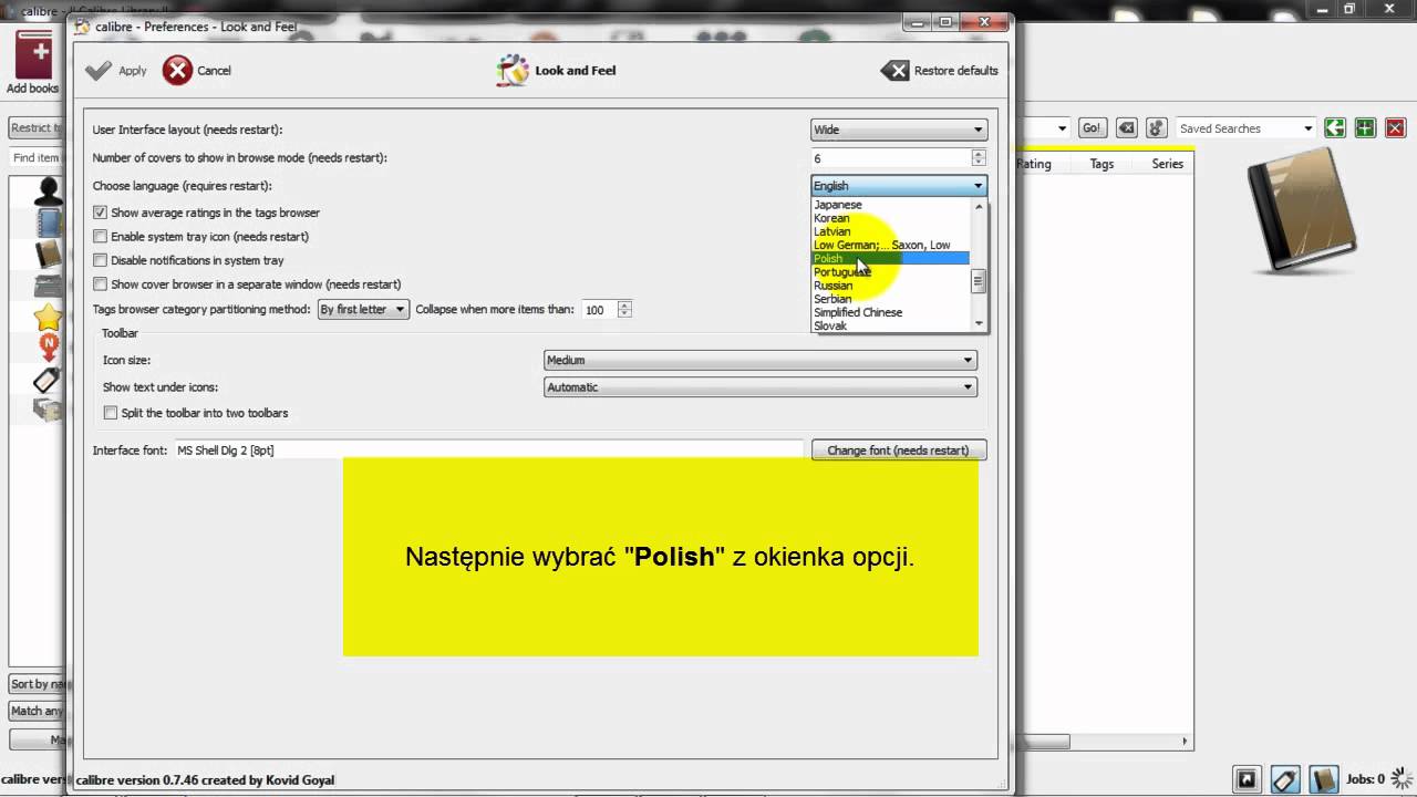 Calibre e-book management Tutorial - jak zmienić język obsługi programu