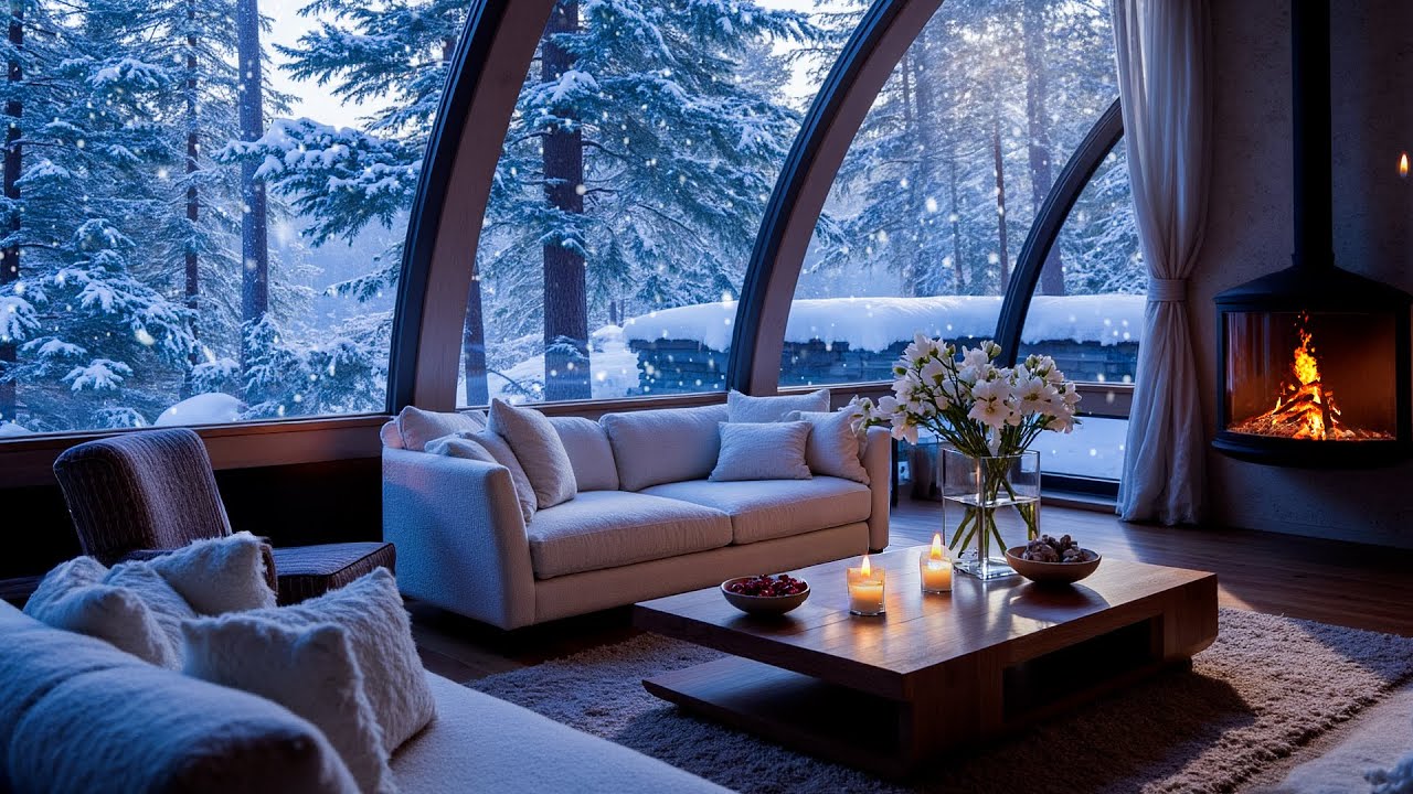 Soft Winter Piano Music in a Quiet White Room |Snowy Night Window and Warm Fireplace | Stress Relief