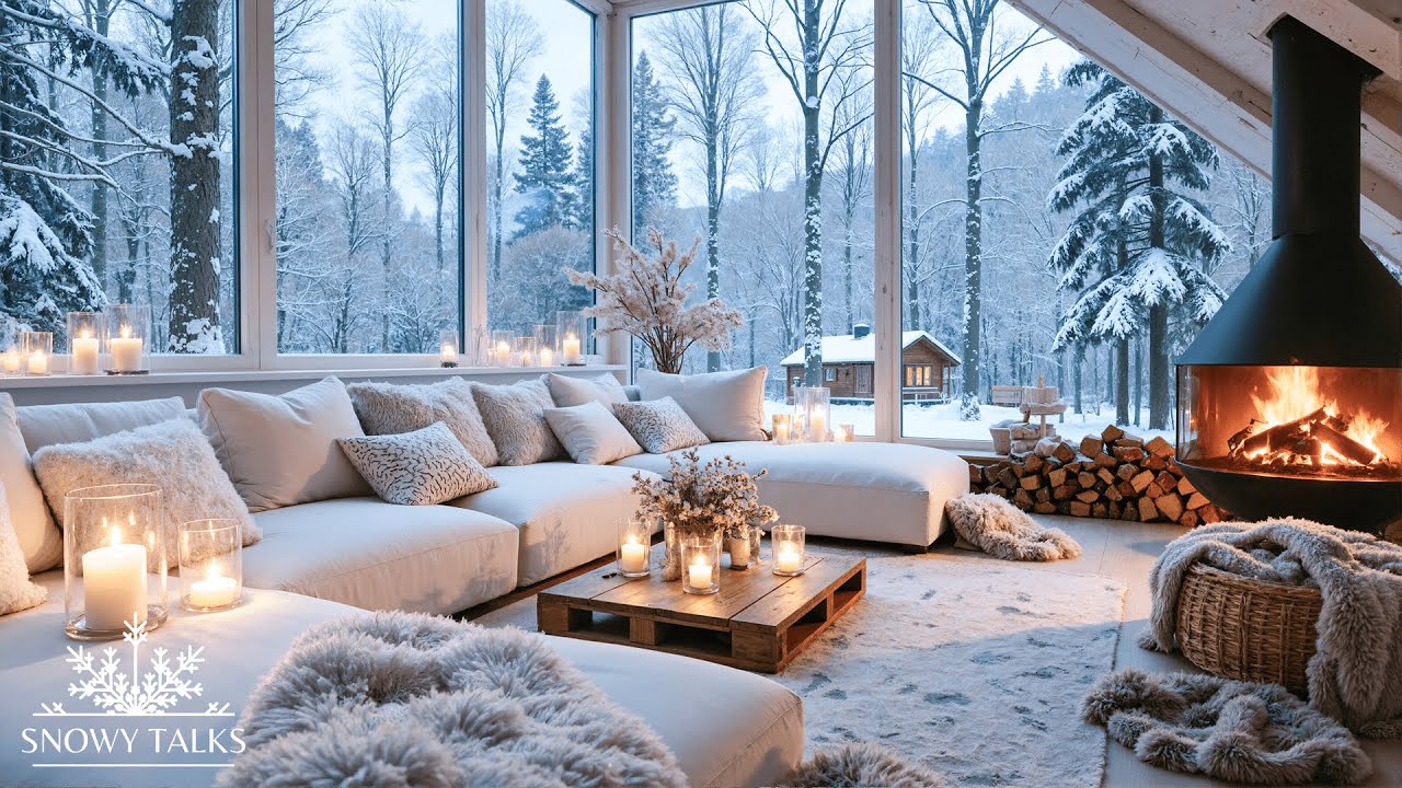 ❄️ White Lounge Snow Piano 🎹 Fireplace Warmth for 2 Hours | Relax Study Unwind Meditation Healing