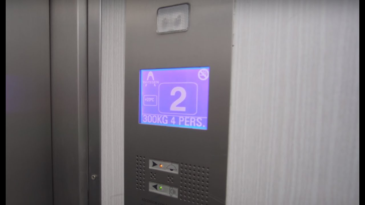 Spain, Madrid, Calle de Sancho Dávila 28, Thyssenkrupp elevator - going down + night walk