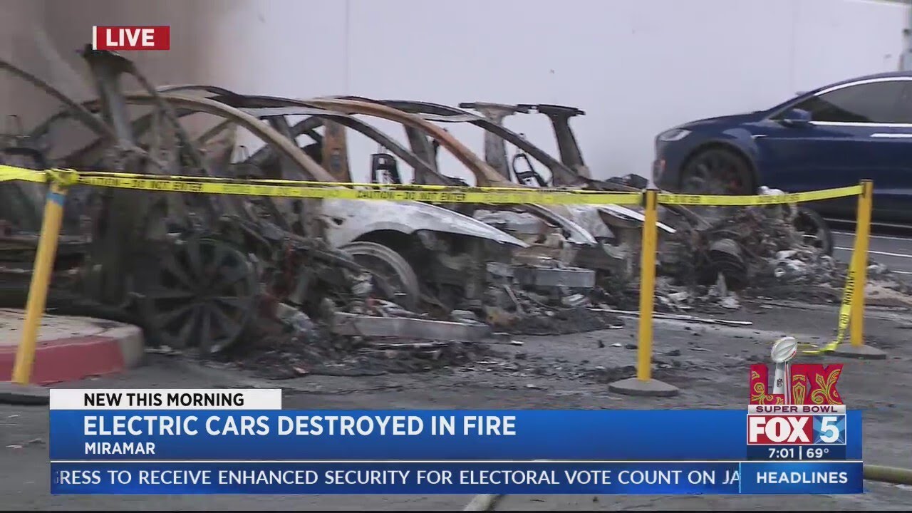 Electric vehicles catch fire at Tesla service center in Miramar