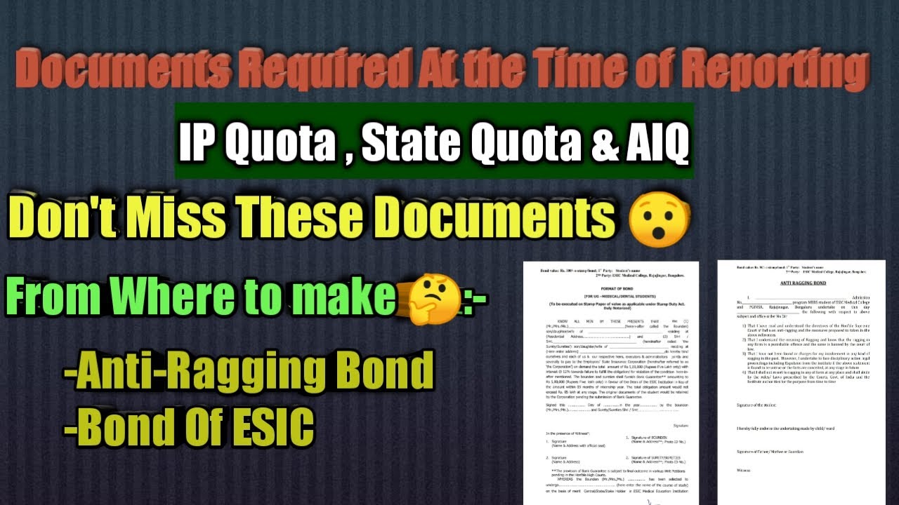 Documents Required At the Time of Reporting Counselling Verification for IP Quota ,State in ESIC