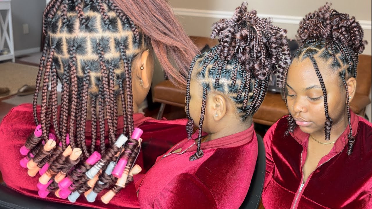 Short Knotless Braids With Curly Ends | Spiced Cranberry Hair Blend