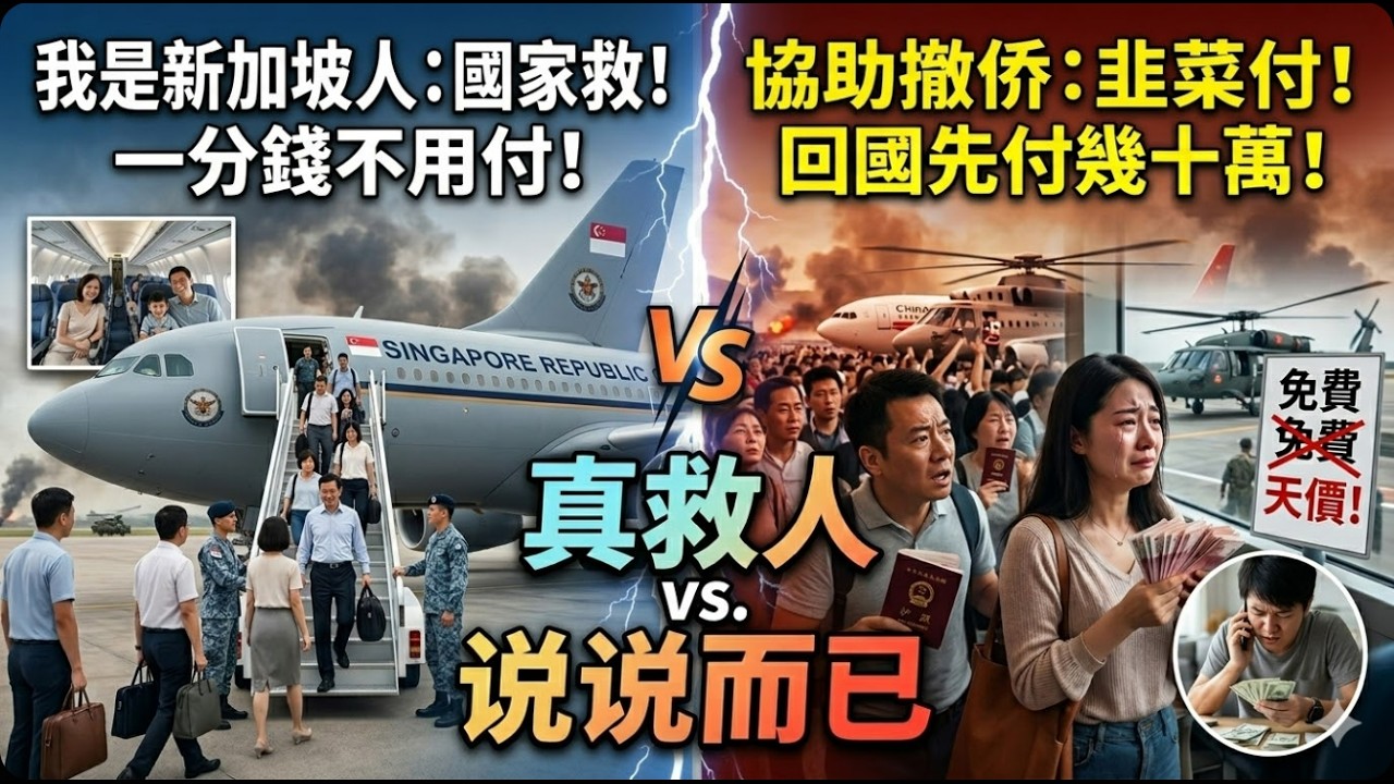 🔴 殘酷真相！兩國撤僑畫面流出：新加坡軍機免費救人，中國人卻花天價包直升機逃命？