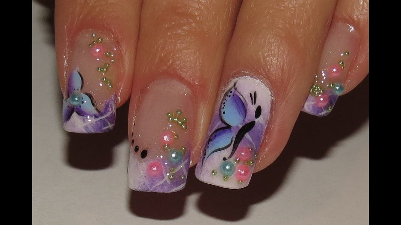 Ombre white and purple Spring fairy Nail Art Video Tutorial! flower,butterfly and pretty pearls