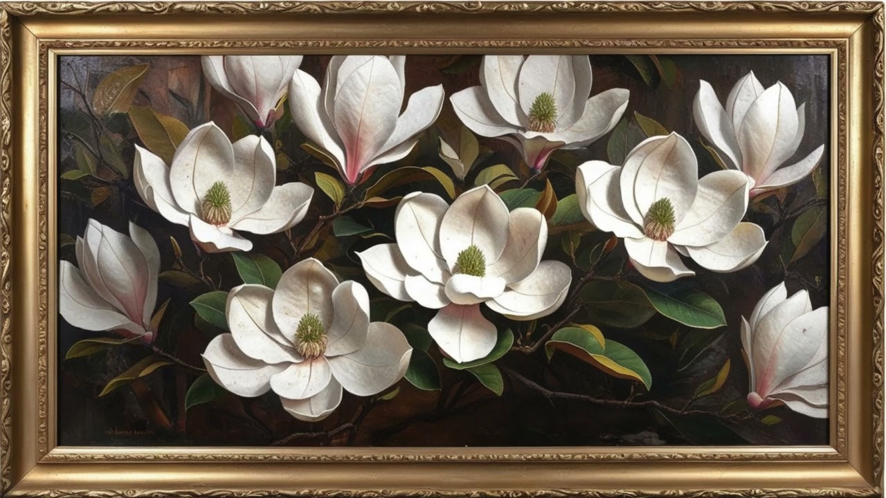 White Magnolias Vintage Garden, Oil Painting | 4K Gold Framed Vintage Art Screensaver for your TV