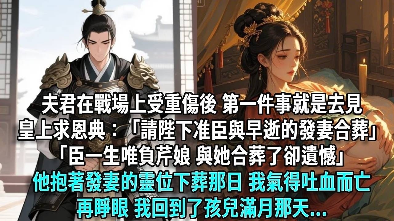 夫君在戰場上受重傷後，第一件事就是去見皇上求恩典：「請陛下准臣與早逝的發妻合葬」「臣一生唯負芹娘，與她合葬了卻遺憾」，他抱著發妻的靈位下葬那日，我氣得吐血而亡，再睜眼，我回到了孩兒滿月那天。