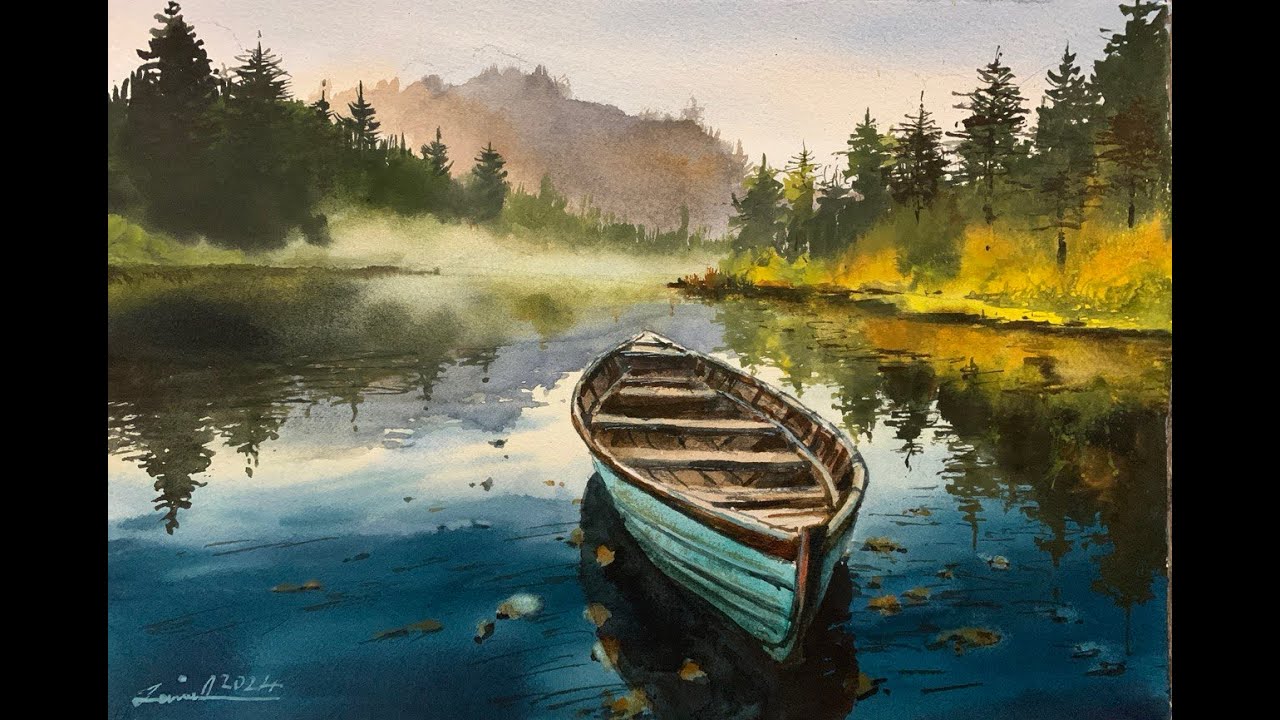 Watercolor painting tutorial - Misty Lake