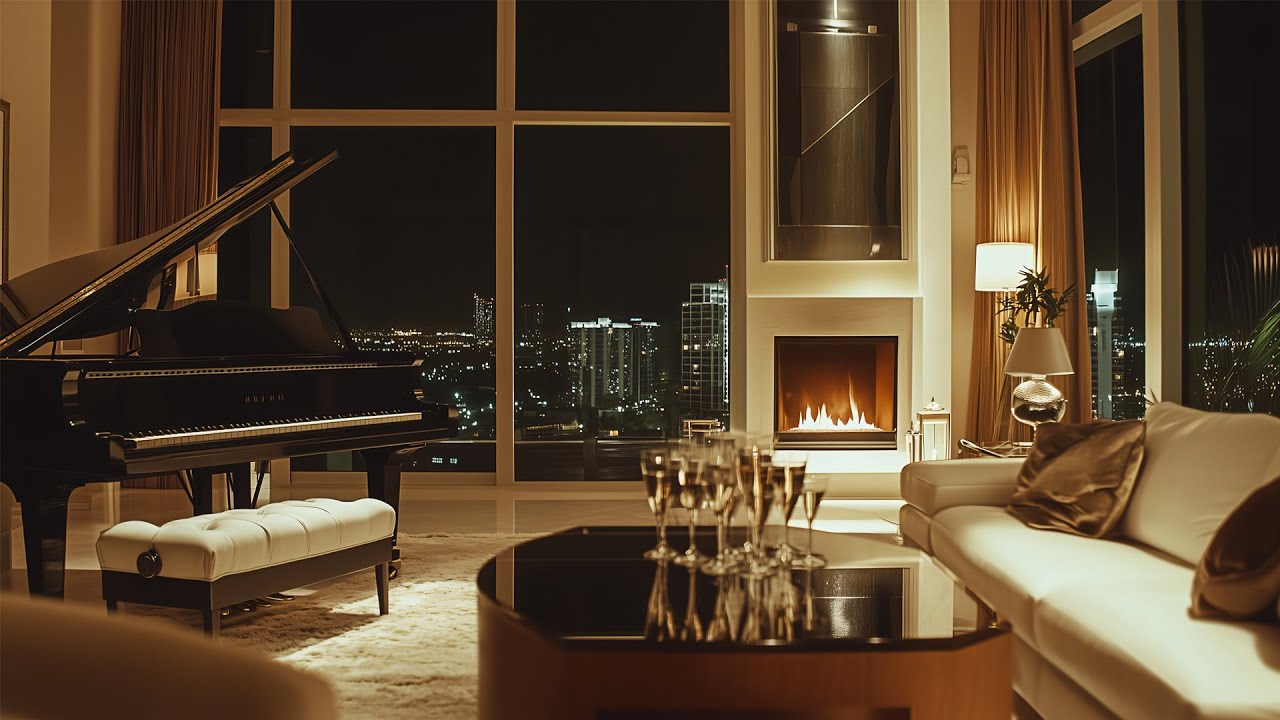 A Rainy Evening From A Luxury 80s Penthouse In Miami🌆 Relaxing Jazz Ambience & Crackling Fireplace