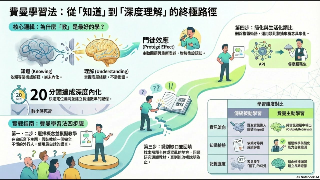費曼學習法(Feynman Technique)，知道的幻覺與理解後簡單說出來，乃不同的學習概念，學習過程以自省的提取練習(Retrieval)找盲區且補強缺口，深度理解所形成長久記憶，才拿得出來用！