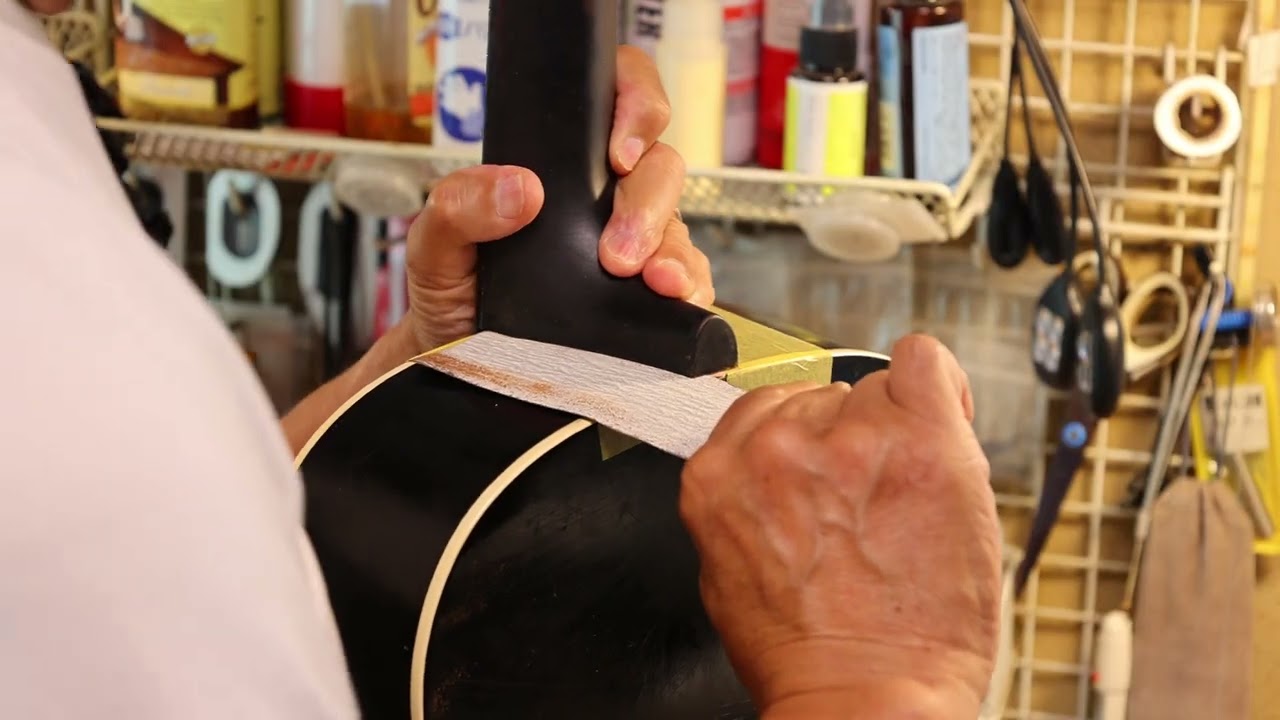 Aligning neck heel to fit body side for neck reset on Gibson L-00