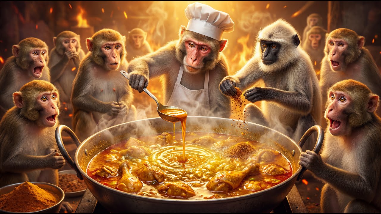 बंदरों ने मिलकर बनाई देसी चिकन रेसिपी 😱🔥 | Monkeys Made Desi Chicken Recipe