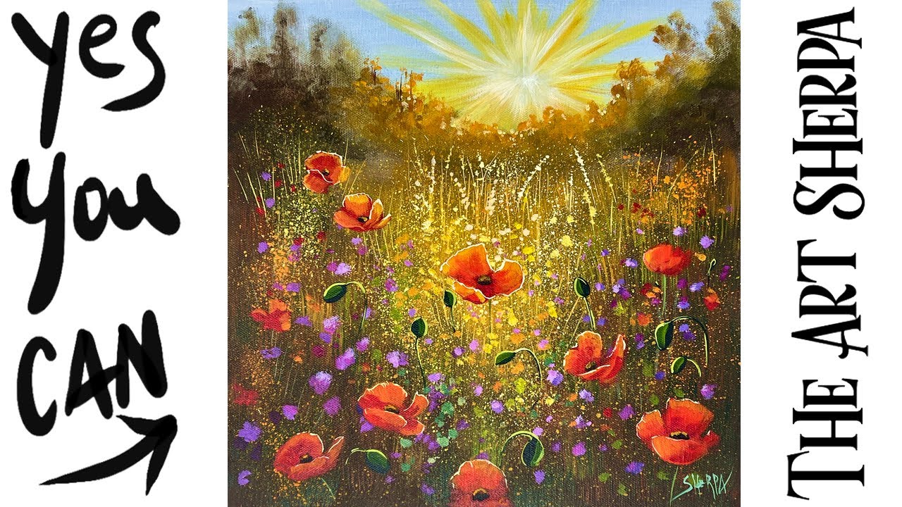 Poppy landscape with glowing light🌟🎨 How to paint acrylics for beginners: Paint Night at Home