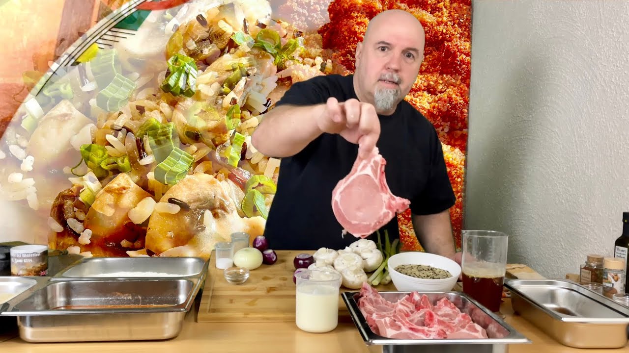 Kotelett mit Reis Champignons und Rahmsoße