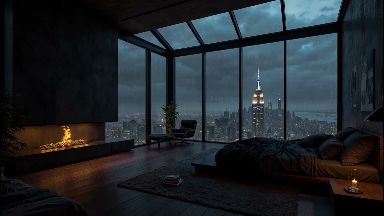 Falling Asleep in New York City⛈️ Cozy Bedroom with Gentle Rain & Fireplace Sounds For Relaxation
