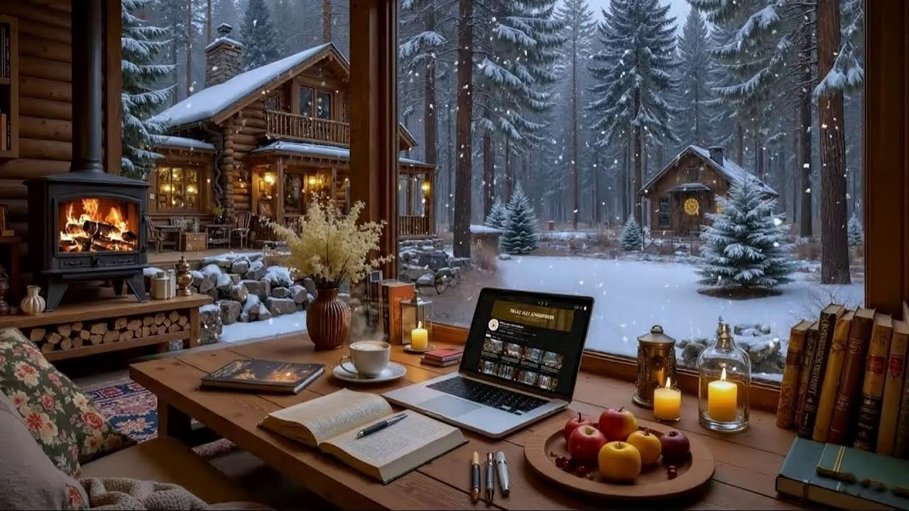 Snowy Evening Winter Café ❄️ Relaxing Piano Jazz & Fireplace Sounds For Focus & Peaceful Work