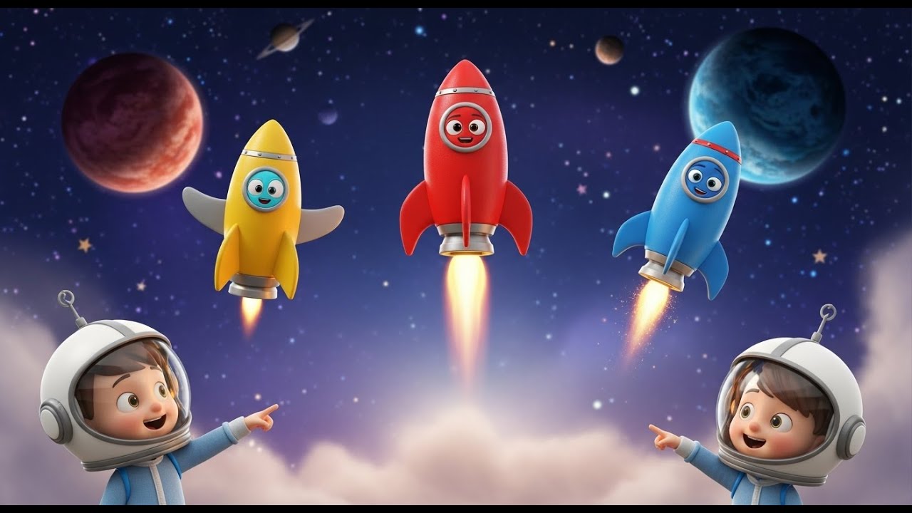 Tres Pequeños Cohetes de Juguete Volando al Espacio | Canción Infantil de Aventura Espacial---