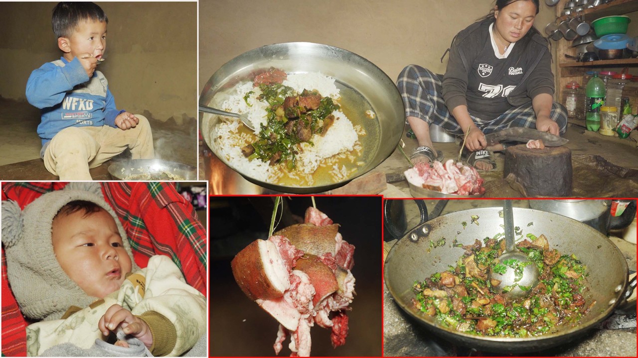 jina cooks PORK in the lunch for children @shepherdlifeofnepal