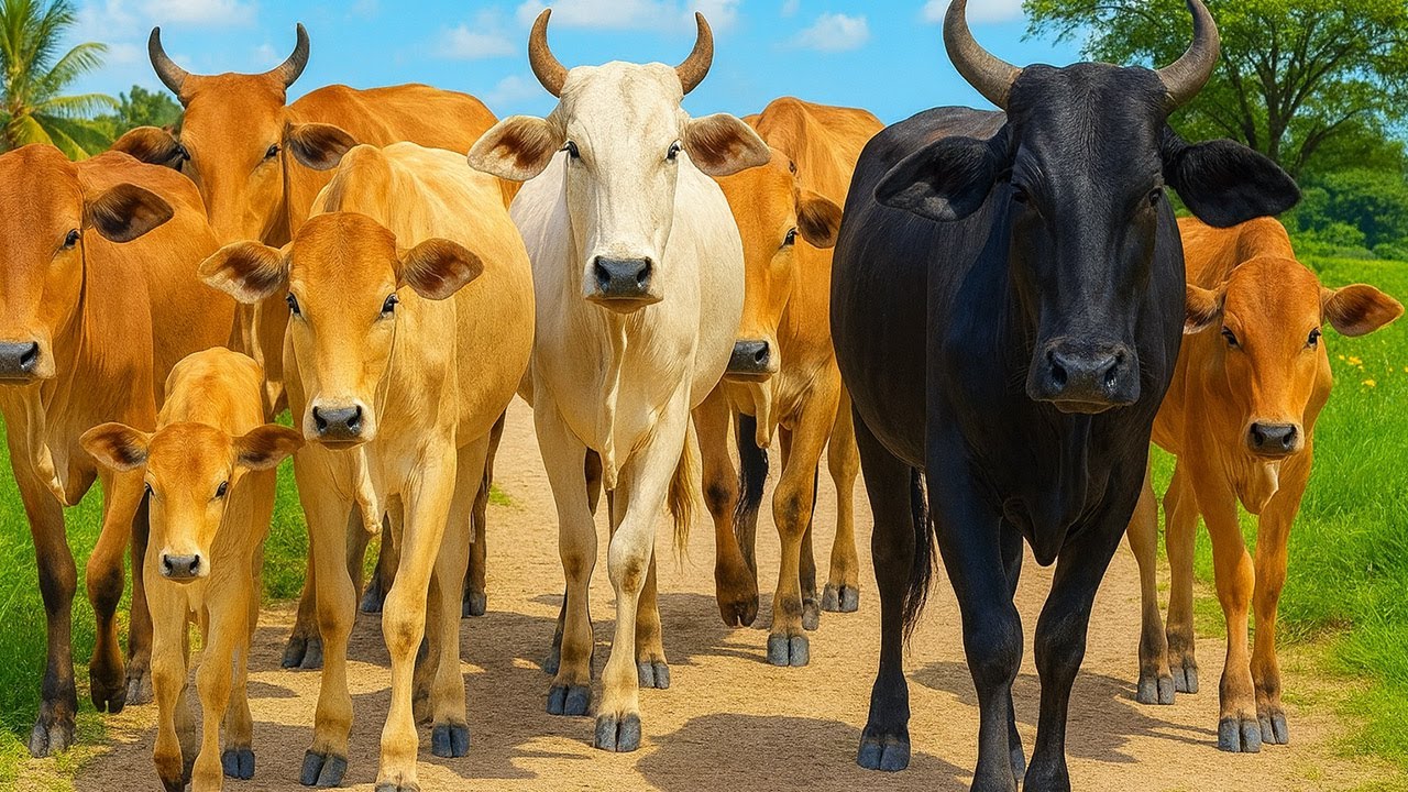 Ratusan Sapi Sedang Lari Menuju Kandang Peternakan - Sapi Jinak Berkembang Dan Bermain Di Sawah