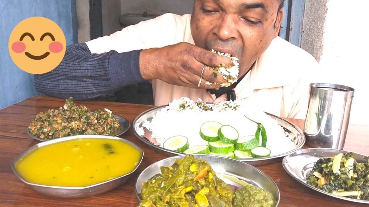 Sim ka sabji daal mully saag bhuiya salad and rice eating video.