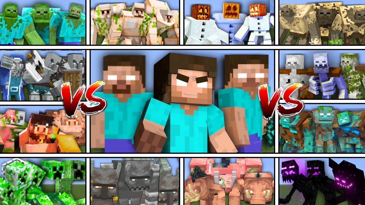 Геробрина против всей команды мутантов в битве мобов в Minecraft.