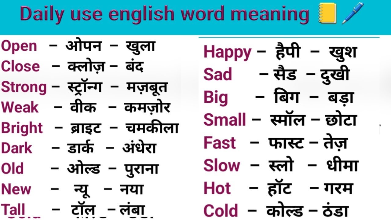 100 Words with Hindi Meanings | Word Meaning | Daily Use English