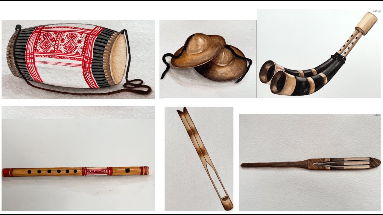 Bihu instrumentes drawing - Watercolor | How to Draw Bihu Instruments - Step By Step