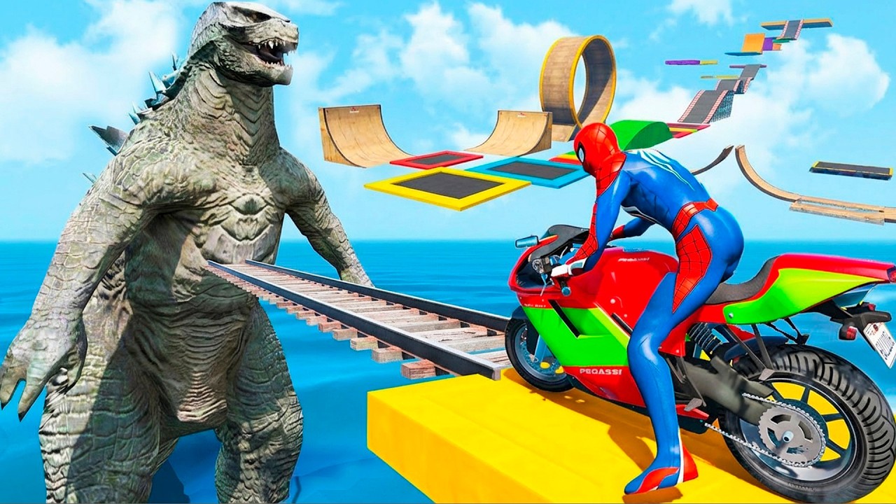 سبايدر مان ضد غودزيلا قفزات الدراجات المجنونة - Spider-Man vs Godzilla funny Game GTA 5 superhero