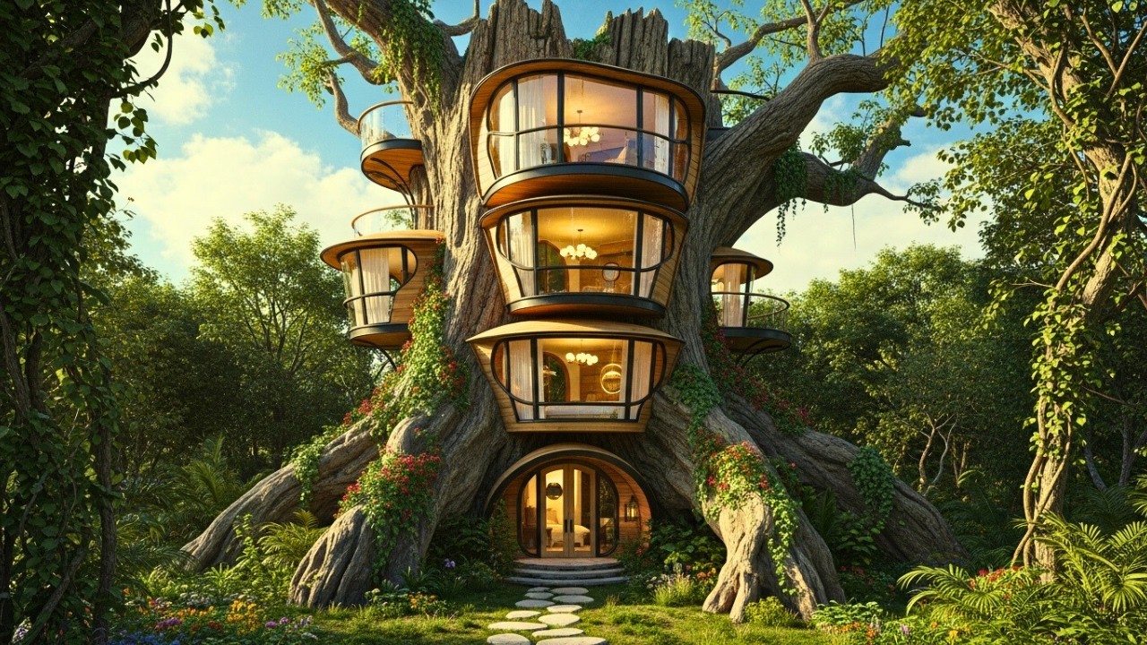 I Built a Luxury Vertical Tiny Home Inside a Giant Redwood Stump  Jungle Build ASMR