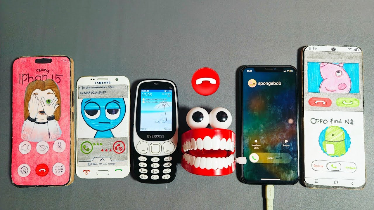 iPhone 15 pro Calling On Samsung S5 + Evercoss + toy teeth + iPhone X + Oppo N2 incoming call