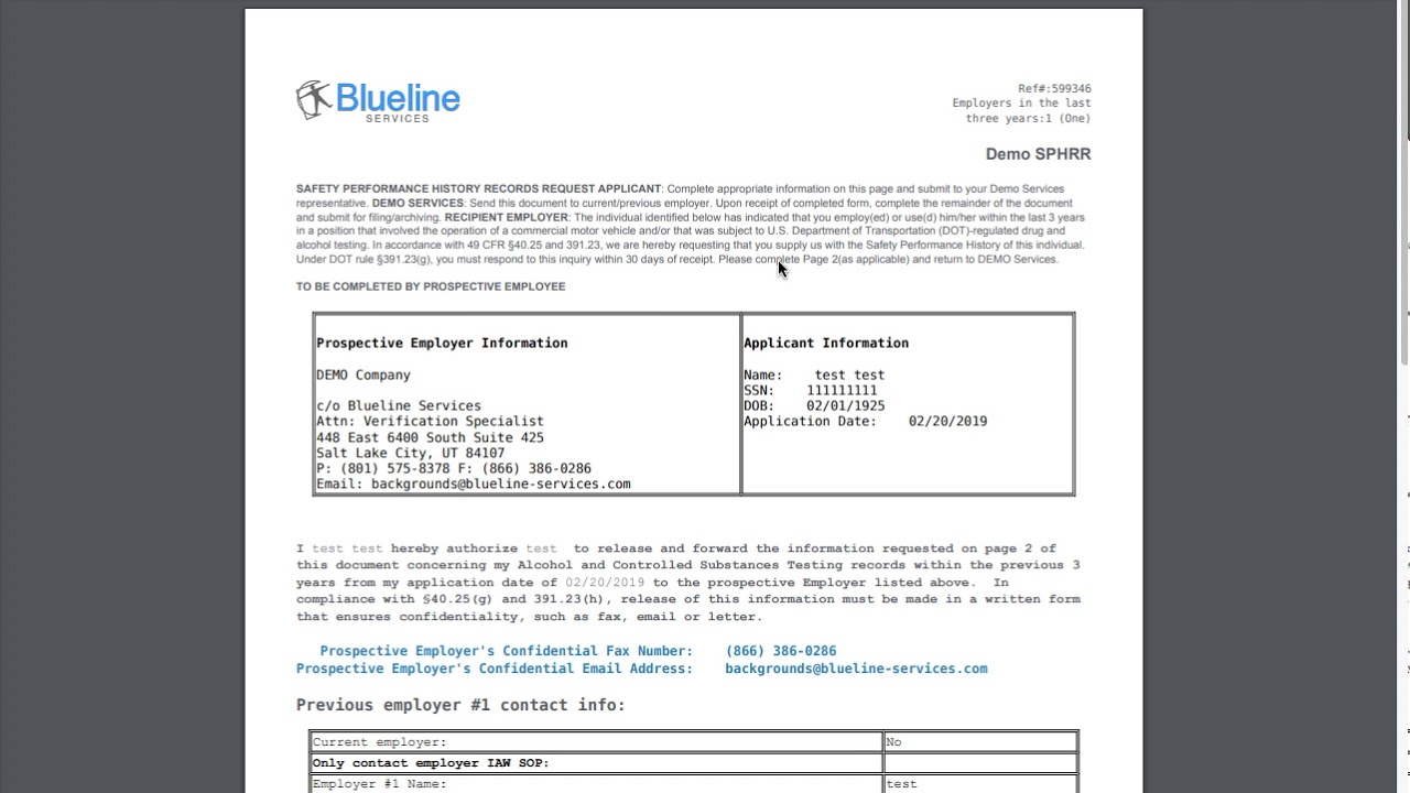DOT Employment Verifications - Completed SPHRR Demo