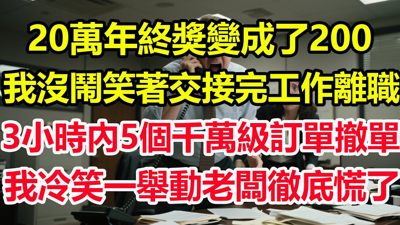 20萬年終獎變成了200，我沒鬧笑著交接完工作離職，3小時內5個千萬級訂單集體撤單，我冷笑一舉動老闆徹底慌了！#情感 #爽文 #職場 #生活 #總裁