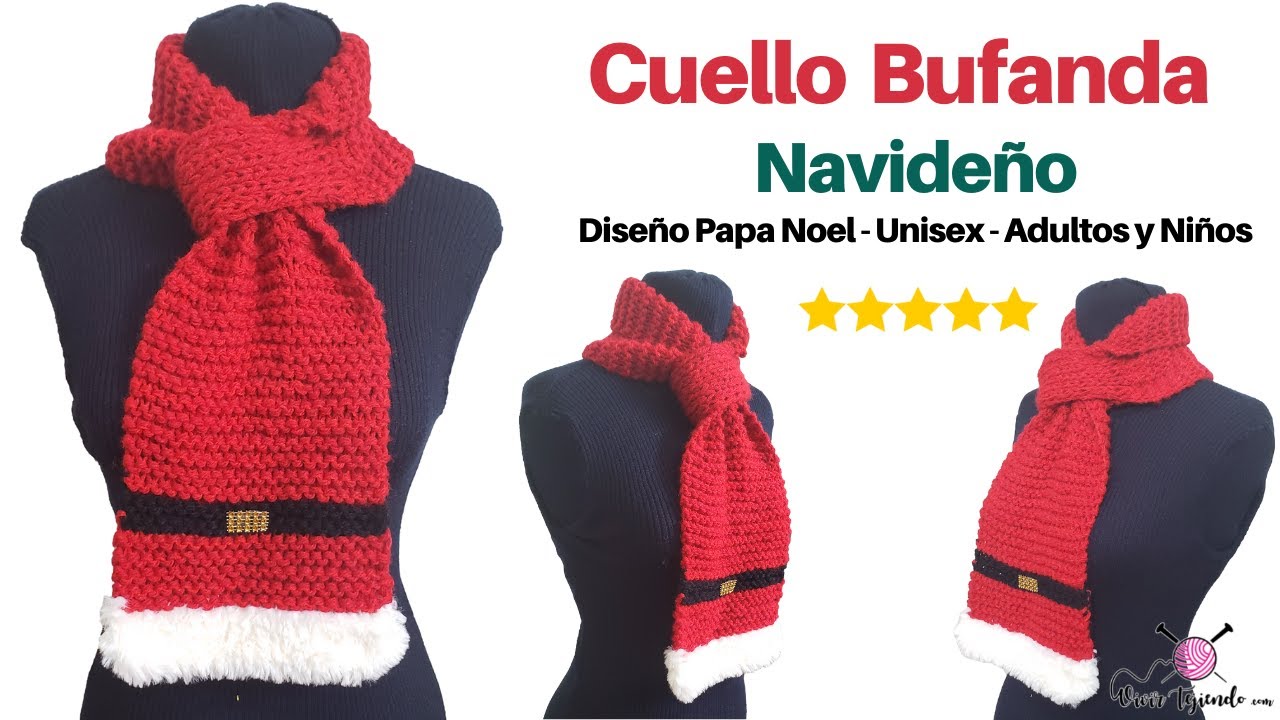 🧶 Tejidos de NAVIDAD a Palitos 🌈 Cuello Bufanda de Papa Noel a Dos Agujas con Peluche