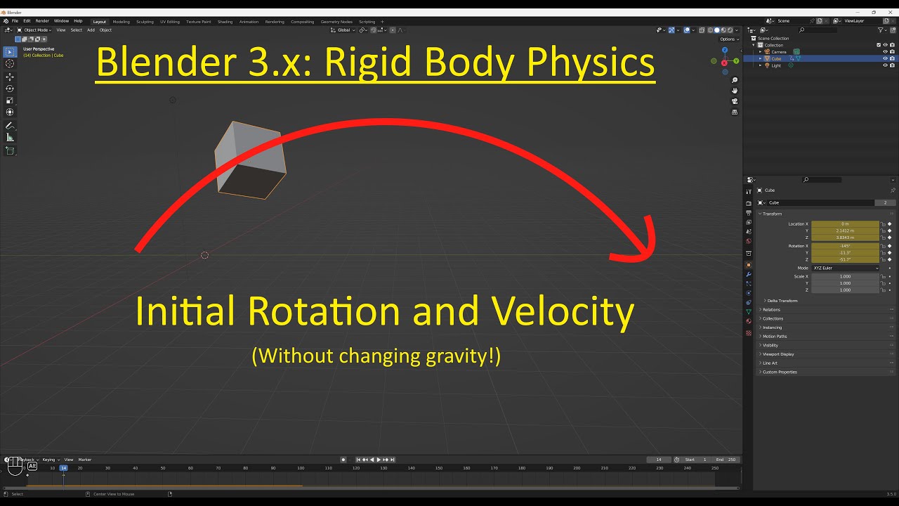 Blender 3.x: Rigid Body Physics - Initial velocity and rotation for simulated object