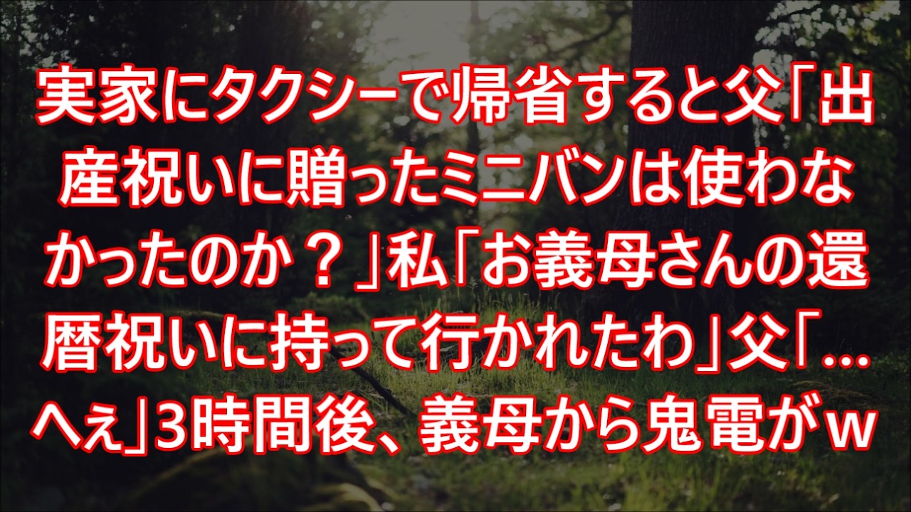 実家にタクシーで帰省すると父「出産祝いに贈ったミニバンは使わなかったのか？」私「お義母さんの還暦祝いに持って行かれたわ」父「…へぇ」3時間後、義母から鬼電がｗ