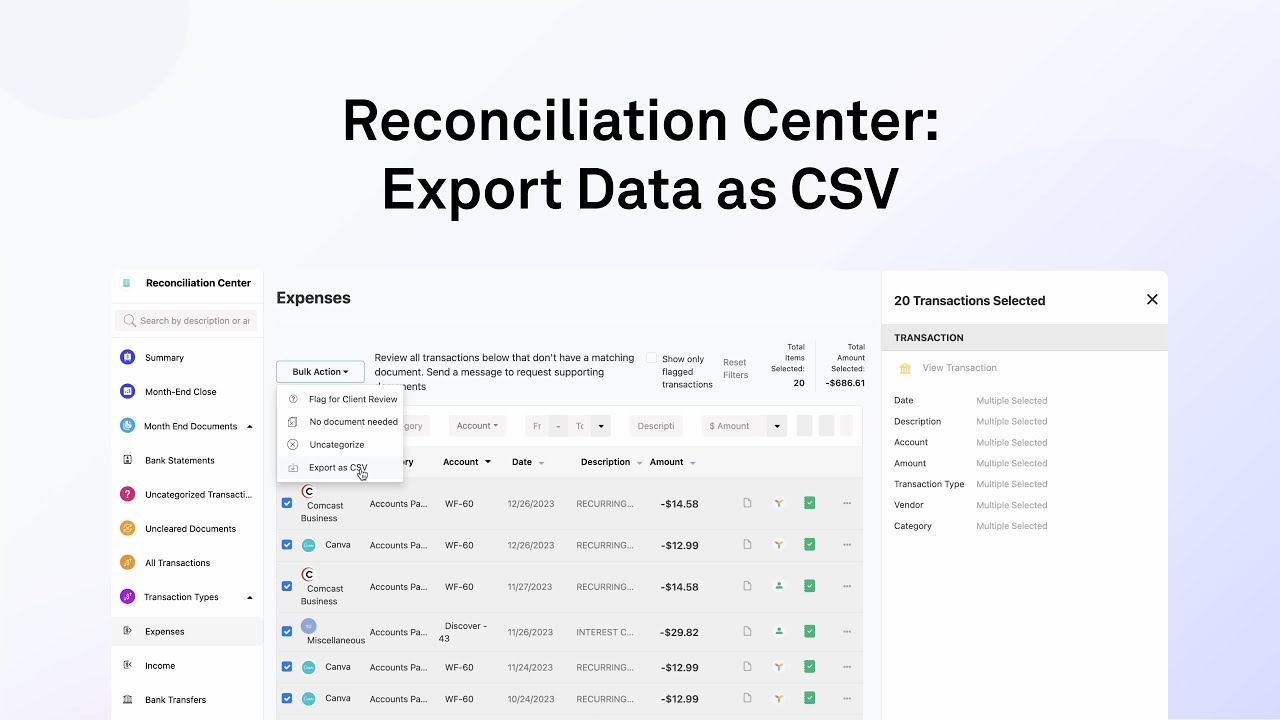 Reconciliation Center Export Data as CSV
