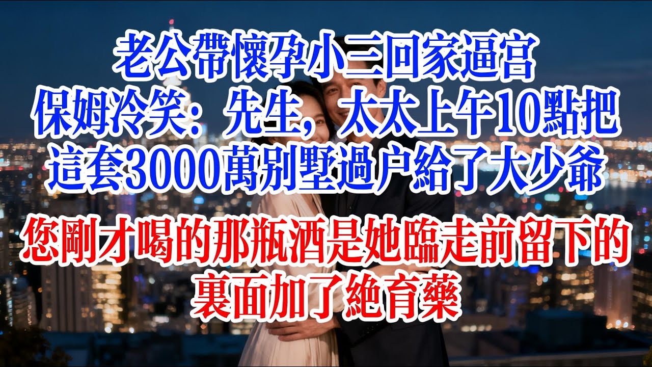 老公帶懷孕小三回家逼宮，保姆冷笑：先生，太太上午10點把這套3000萬別墅過戶給了大少爺，您剛才喝的那瓶酒是她臨走前留下的，裡面加了絕育藥#故事頻道 #爱情故事 #情感故事 #婚姻 #出軌 #小说