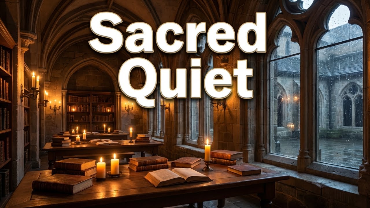 Candlelit Monastery Library at Night:  Relaxing Rain Ambience