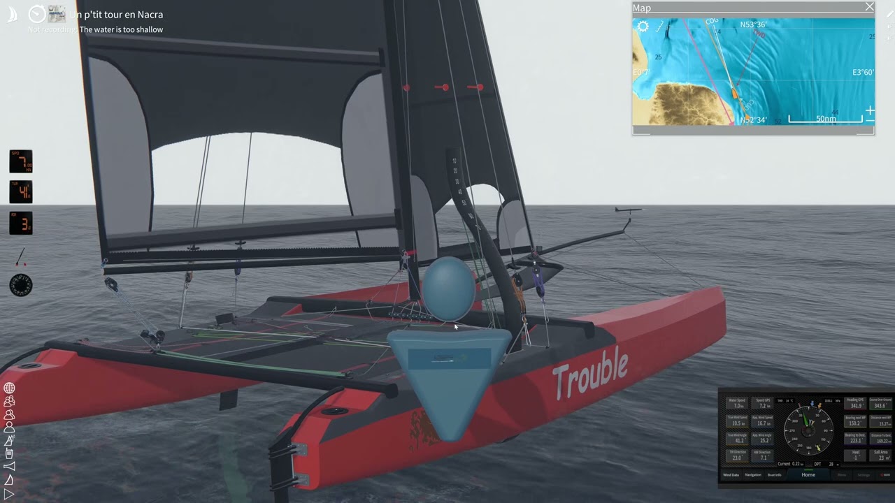 nacra 20 fcs longitudal balance, fully foiling at 40° true wind angle