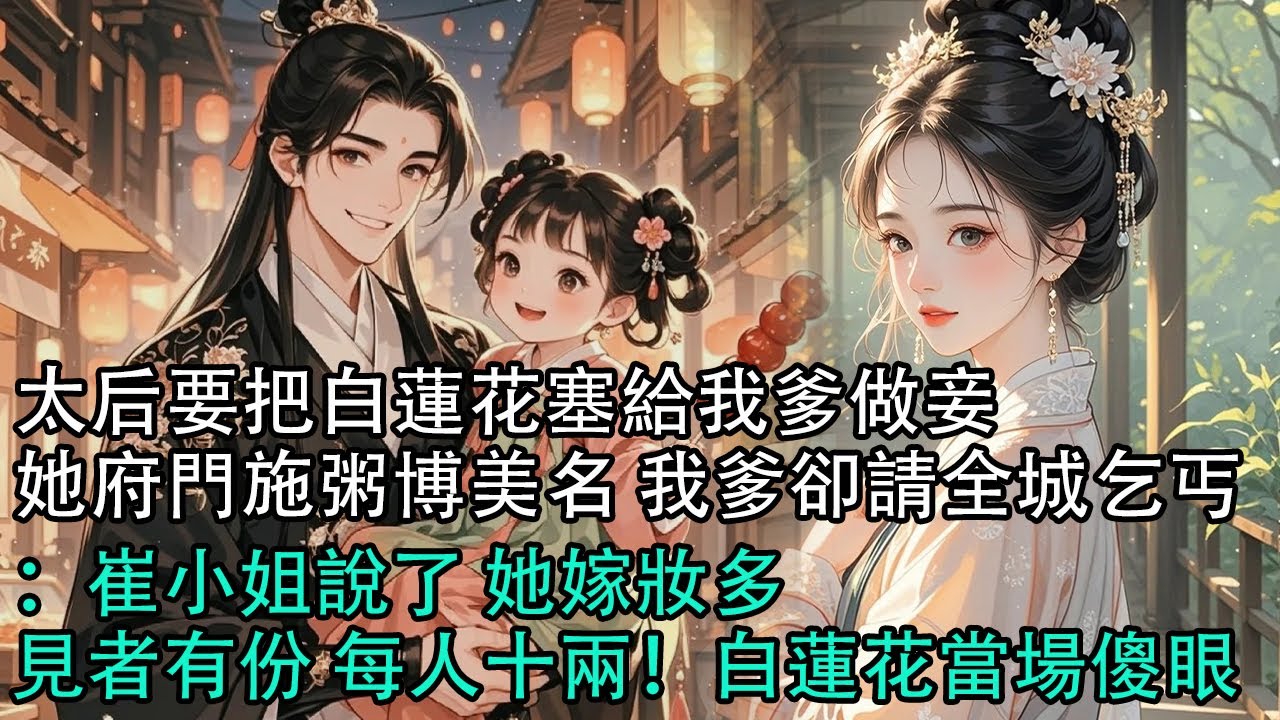 【一口氣看完】太后要把白蓮花塞給我爹做妾，她府門施粥博美名 我爹卻請全城乞丐：崔小姐說了 她嫁妝多，見者有份 每人十兩！白蓮花當場傻眼#古言 #有聲小說 #情感故事